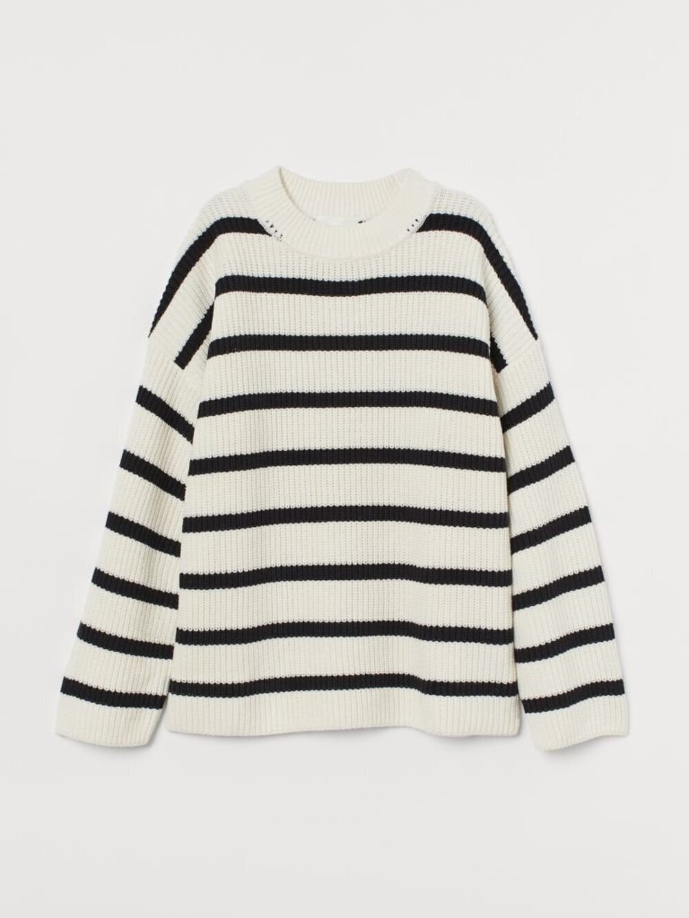 H&M Ivory Black Striped Cotton Chunky Rib Knit Crew Neck Loose Sweater, Size XS